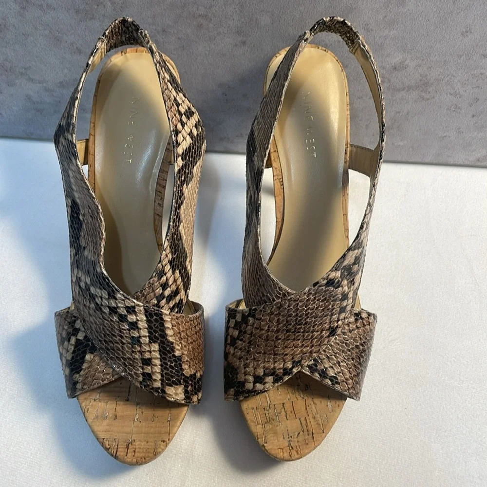 NINE WEST Snakeskin Cork Bottom 4” Heels Crossover Straps Sandals Classic 8.5M‎